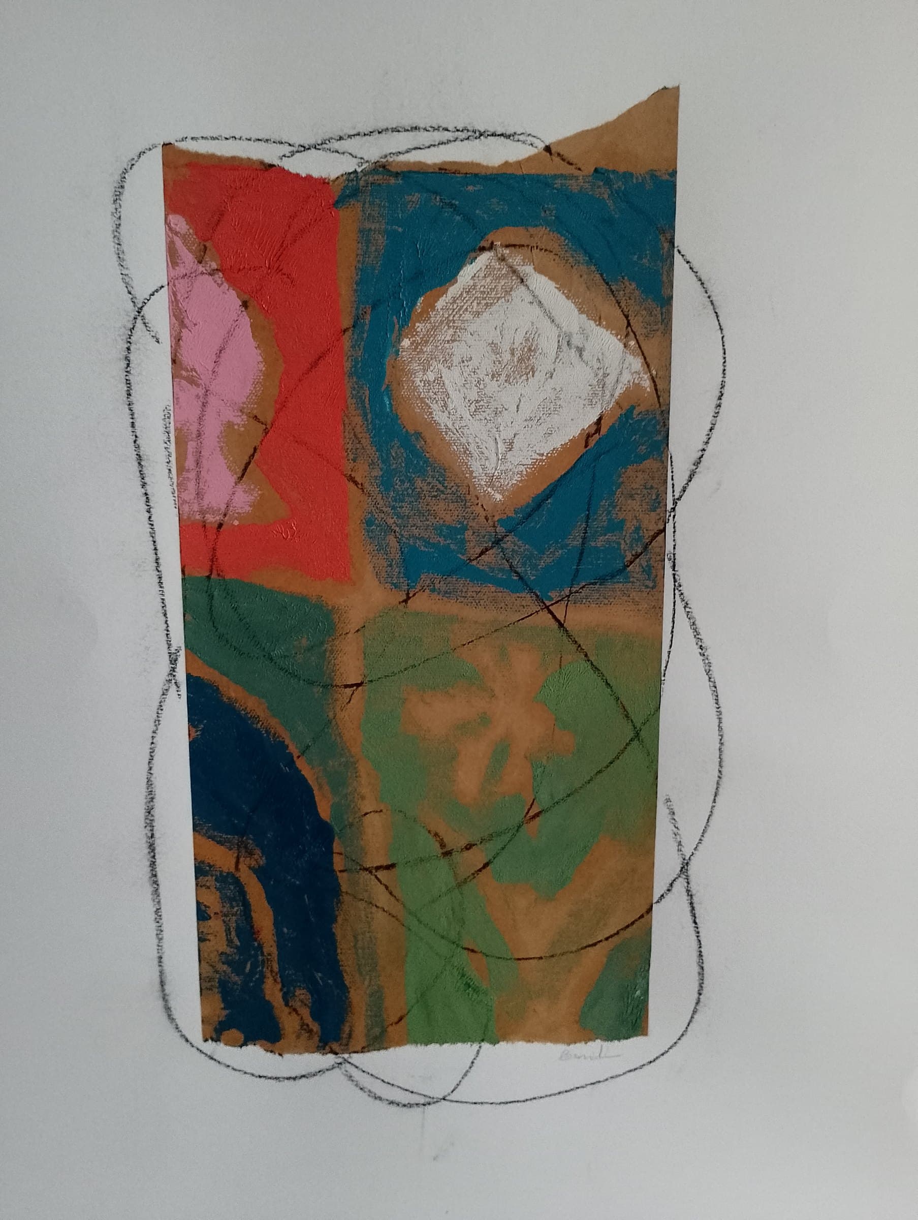 Orbite interrotte, Olio su carta da pacco più carbone su cartone Fabbriano n5, 50x70 senza cornice, di Basil